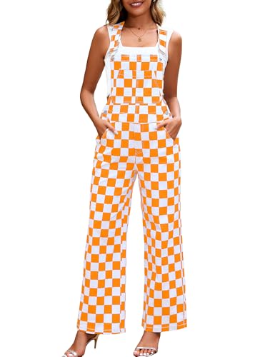 YXLUOKY Overalls for Women Loose Fit Jumpsuits Fashion Checkered Straight Leg Pants Stretch Bib Coveralls(Orange Checkered,M)