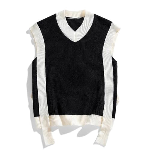 Men’S Korean Fashion Thick V-Neck Knitted Sweater Vest Patchwork Retro Loose Fit Sleeveless Pullover Tank Top2