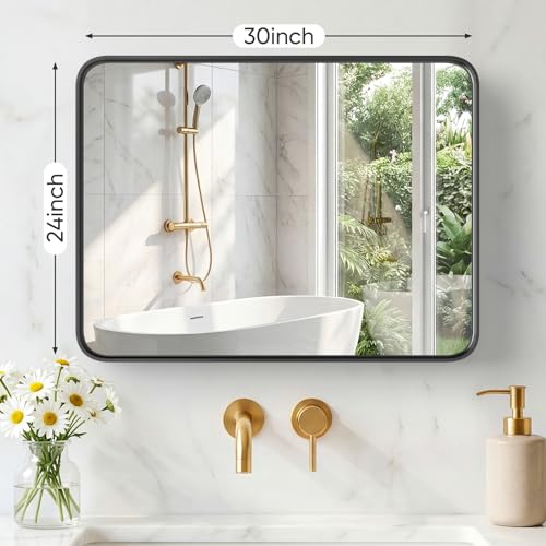 Image of Sweetcrispy Bathroom Mirror 30x24 Inch Metal Framed Rounded Rectangle Vanity Mirror for Wall, Over Sink, Farmhouse, Restroom, Anti-Rust, Modern Decorative, Horizontal or Vertical Hanging, Black