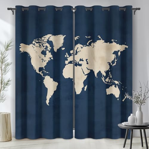 World Map Curtains 54 Inches Long 2 Panels, Vintage Map Window Curtains for Bedroom Living Room Decor Retro Medieval Theme Drapes Grommet Blackout Thermal Insulated Drapes, 38Wx54L UI&4