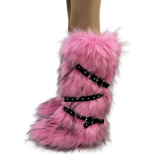 Faux Fur Boots for Women Long Furry Knee High Boots Comfy Plush Warm Snow Boots Fuzzy Outdoor Boots Winter Fluffy Indoor Flat Shoes2