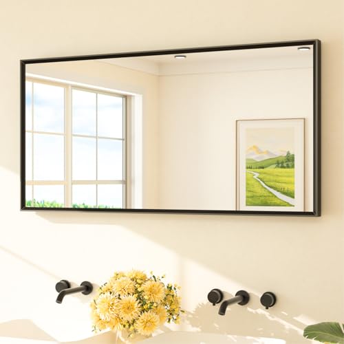TETOTE Black Bathroom Mirror Beveled Frame 48 x 24 Black Rectangle Metal Framed Bathroom Wall Vanity Mirror for Over Sink Tempered Glass Modern Farmhouse Bedroom Entryway Living Room