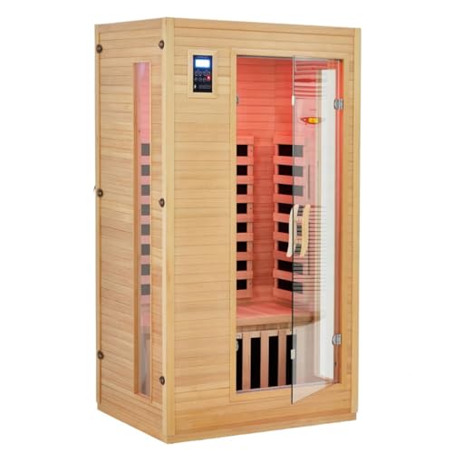 1 To 2 Person Infrared Sauna for Home, Low EMF Far Infrared Therapy with 6 Heating Plates, Canadian Hemlock Wood Dry Sauna Room with Chromotherapy Light, Bluetooth Speaker & Dual Controls, Home SPA