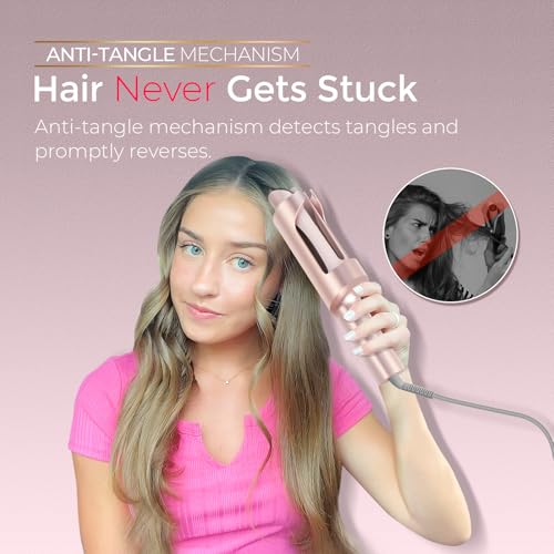 Image of TYMO CurlPro Plus Automatic Rotating Curling Iron - Upgraded Long Barrel Curling Wand for Long Hair, Ceramic Hair Curler for Women, Anti-Scald, 600M Ionic, Dual Voltage, Gold Blush, 1 1 /4 Inch