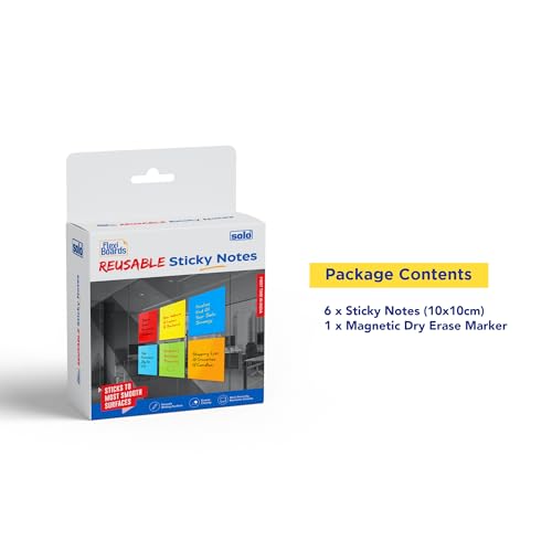 Image of SOLO Whiteboard Sticky Notes (10x10 cm, Pack of 6) - Reusable, Washable & Restickable up to 2000 Times with Magnetic Marker - Multicolor Notes for Office, School & Home
