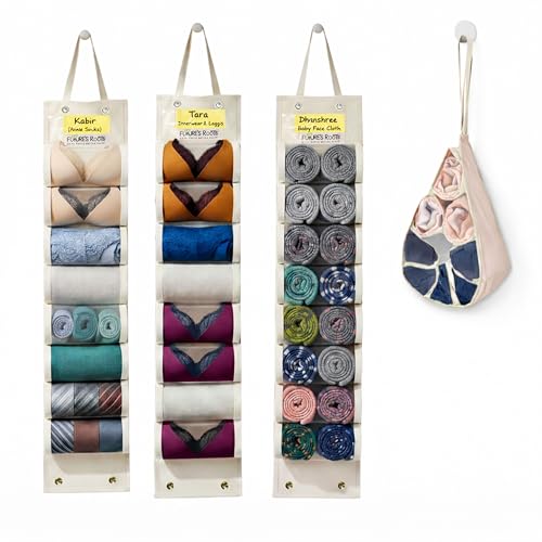 Image of FUTURE'S ROOTS Cotton Hanging Organizer for Wardrobe with 8 Transparent Mesh Pockets(Set of 3) | Wall Mounted & Travel Storage for Socks, Bra, Innerwear & Accessories | Foldable Space-Saving Design