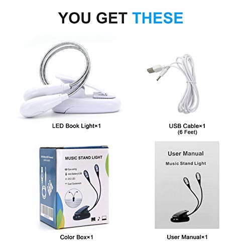 Music Stand Light, White Clip on LED Book Lights, USB and AAA Battery Operated, Reading Lamp in Bed, 4 Brightness Levels, Ideal for Musician, Piano Player, Kids, Travel (Dual Arm) - Thumbnail 7