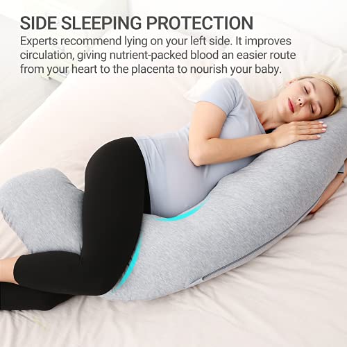 Image of Momcozy Pregnancy Pillows for Side Sleeping, J Shaped Maternity Body Pillow for Pregnancy, Soft Pregnancy Pillow with Jersey Cover for Head Neck Belly Support, Grey