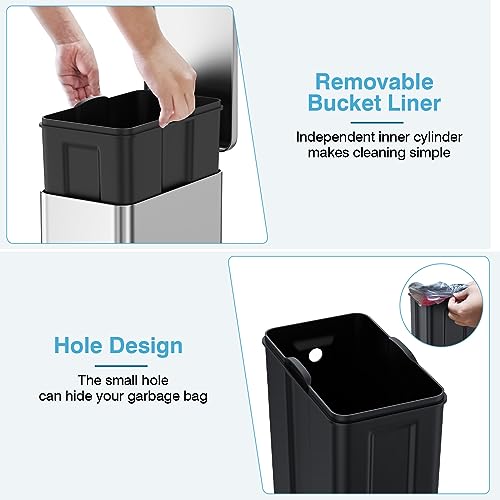 Image of BETHEBEST Small Bathroom Trash Can with Lid,2.6 Gallon Rectangular Satinless Steel Garbage Can Removable Wastebasket for Bedroom,Bathroom,Silver (with 120 Count Garbage Bag)