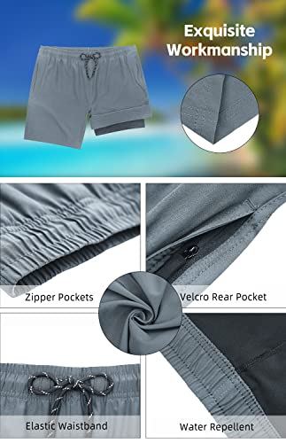 Biwisy Mens Swimming Trunks Quick-Dry with Compression Liner 2 in 1 Swim Shorts with Zipper Pockets 5