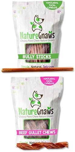 Nature Gnaws Large Bully Sticks (5 Count) + Beef Gullet Springs (6 Count) - Long Lasting Natural Dog Chews for Medium and Large Dogs - Bundle Pack