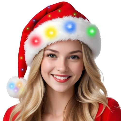 LED Santa Hat Light Up Christmas Hat Glow Lighted Santa Cap with ...