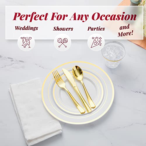 600 Piece Gold Dinnerware Party Set (100 Guest), 100 Dinner Plastic Plates, 100 Salad Gold Plates, 100 Gold Plastic Silverware Set, 100 Gold Plastic Cups Disposable Party Pack Wedding Birthday Parties #TOP2