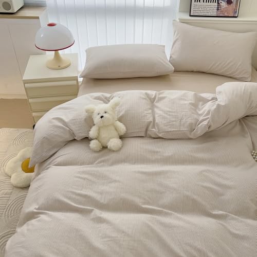 Image of mixinni Tan Striped Duvet Cover Queen Size - 100% Washed Cotton Beige Pinstripe Comforter Cover with Zipper Closure, Lightweight & Breathable, 3 Pieces Minimalist Stripes Pattern Printed Bedding Set
