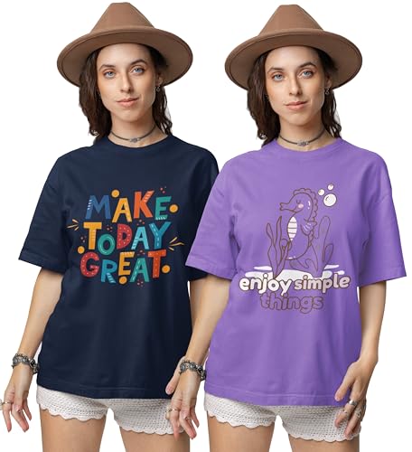 Image of Reifica Pure Cotton Half Sleeve Loose Fit Oversized T Shirts for Women /Girls Combo Pack of 2