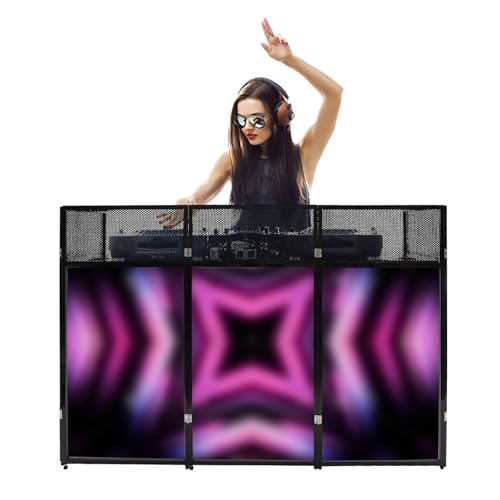Portable DJ Booth Table, Foldable DJ Table Station, 73 * 23in DJ Booth Stand W/Black & White Scrims, Adjustable Feet Folding DJ Booth Metal Frame, DJ Booth Panel, DJ Booth Table Station for Party