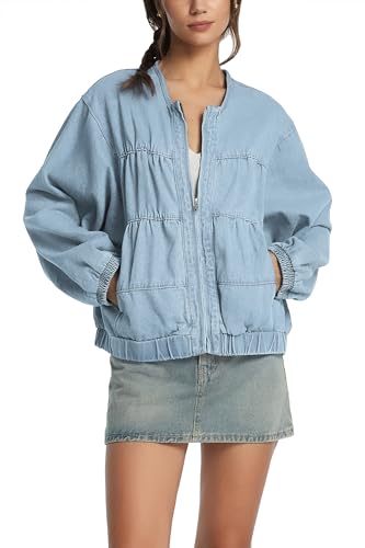 D-Sun Women Denim Jacket Casual Crewneck Long Sleeves Cropped Zip Collarless Jean Shirt Jacket with Pockets