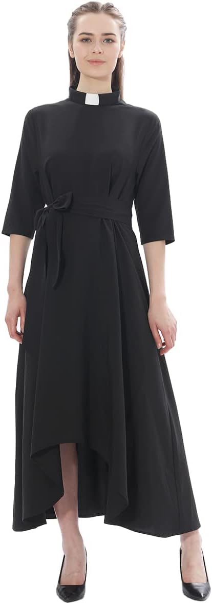 Church Dress for Women Half Sleeve Loose Elegant Clergy Maxi Dress with Tab Insert Collar and Belts - Image 2