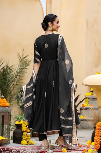 Image of GoSriKi Women's Cotton Blend Printed Anarkali Kurta with Pant & Dupatta | Ethnic Wear for Women | Indian Casual Office Daily Summer Outfit