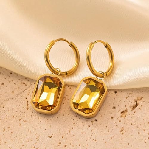 Image of El Regalo Stainless Steel Rectangular Cut Rhinestone Hoop Earrings - Elegant 18K Gold Plated Waterproof Vintage-Inspired Cubic Zirconia Huggie Hoops for Women