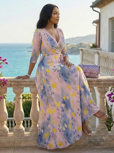 Image of Women Plus Size Long Sleeve V Neck Maxi Dress with Belt | Soft fabric relaxed fit three quarter sleeve v neck with pockets for party and daily wear