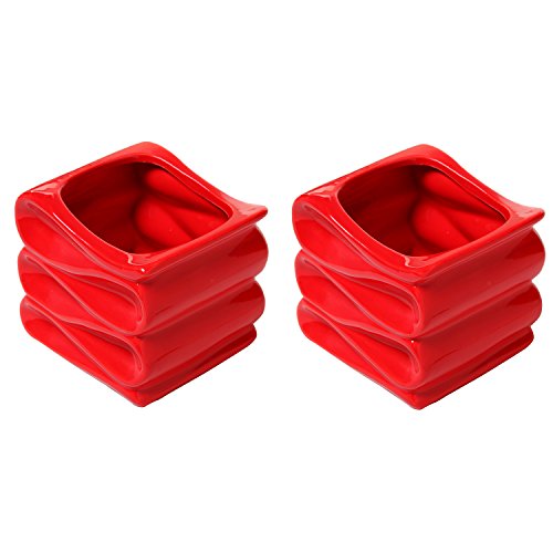 MyGift 4-Inch Red Ceramic Indoor Small Plant Pot, Mini Modern Decorative Planters with Candy Ribbon Design, Set of 2