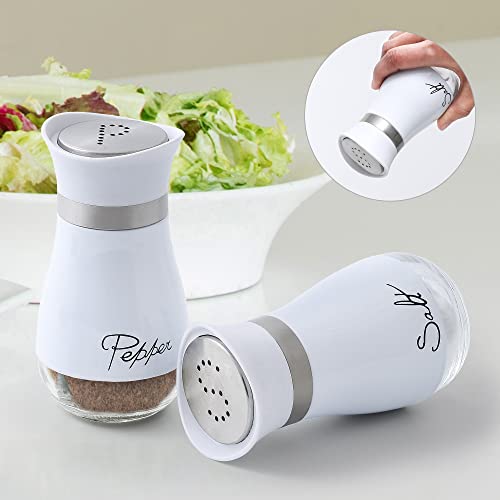 Image of Lonffery Salt and Pepper Shakers Set - Salt Containers for Gifts, Kitchen Decor, Home, RV, Camp, BBQ, 4 oz Farmhouse Spice Dispenser with Glass Bottom, White, Set of 2