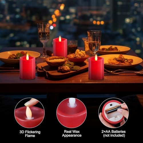 Image of 3x4 Flickering Flameless Candles Set of 3,Real Wax Pillar led Candles Flickering,4 inch Flameless Candles with Remote,for Party Wedding Holiday Home Decor,Red