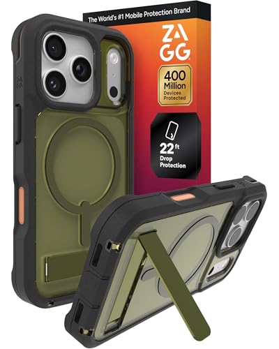 Image of ZAGG Rainier Case with Kickstand for iPhone 17 Pro - Green Sea Kelp, Graphene 22ft (7m) Drop Protection, Lanyard Attach Points, MagSafe, Wireless Charging Compatible, 2-Piece Design, Phone Case