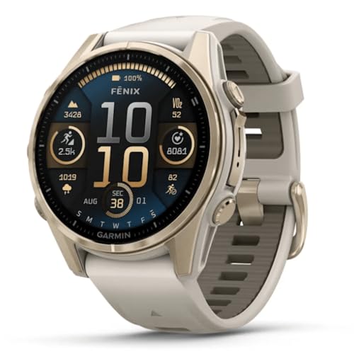Batteria fino a 18 giorni Garmin FENIX 8-43 MM, AMOLED, ZAFFIRO ORO MORBIDO CON FASCIA IN SILICONE GRIGIO NEBBIA/PIETRA SCURA