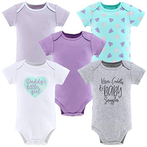 Image of The Peanutshell Short Sleeve Baby Bodysuits Set for Baby Girls - Purple, Grey, Mint - 5 Pack Set