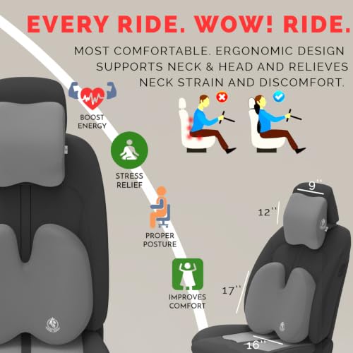 Image of MRRON Series Memory Foam Neck Rest & Extra Lumbar, Relief Pillow, 100% Soft Memory Foam Pillow, Adjustable Strap, Cervical Support for Car Seat. (Grey, Backpro)