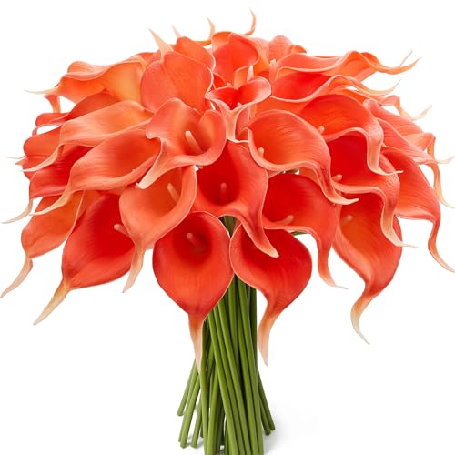 Sahoottie 24 Pcs Artificial Calla Lily, Coral Real Touch Faux Flowers