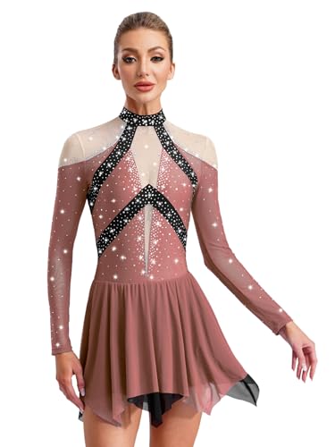 Miutii Vestido de patinaje artístico para mujer, vestido de ballet con purpurina, manga larga, vestido de patinaje sobre ruedas, strass, patchwork, vestido de baile lírico, vestido de baile