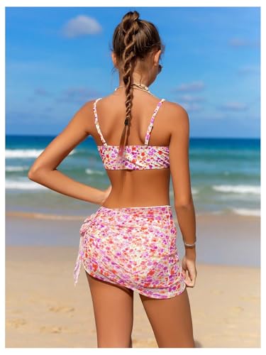 Image of OYOANGLE Girl's 3 Piece Bikini Sets Floral Print Spaghetti Straps Cute Swimsuits with Beach Skirt Bathing Suits