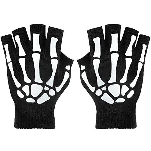 Tatuo 3 Pairs Skeleton Fingerless Glove Glow in the Dark Glove for Kid Adult Halloween(Large)