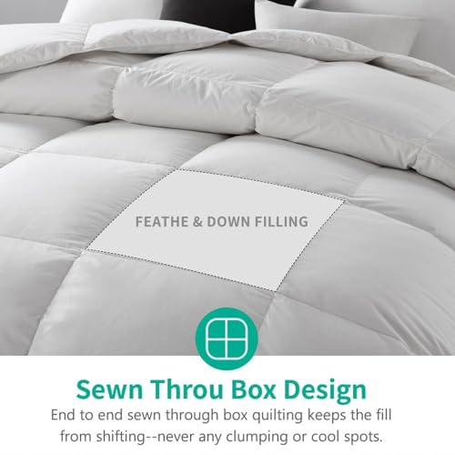 APSMILE Organic Full Size Feathers Down Comforter - All Seasons 100% Cotton Quilted Duvet Insert, Medium Warm Bed Comforter with Corner Tabs (82x86 Inch, Ivory White)
