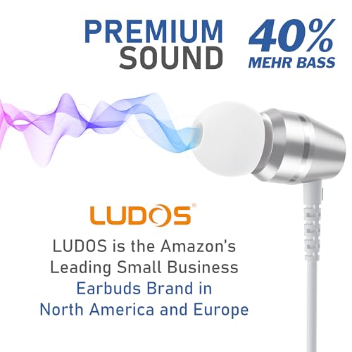 Image of LUDOS OMNITONE Wired Earbuds in-Ear Headphones, 5 Year Warranty, Earphones with Microphone, 3.5 mm Jack Corded Ear Buds, Videoconference for iPhone, Samsung, Laptop, Kids, School Students - White
