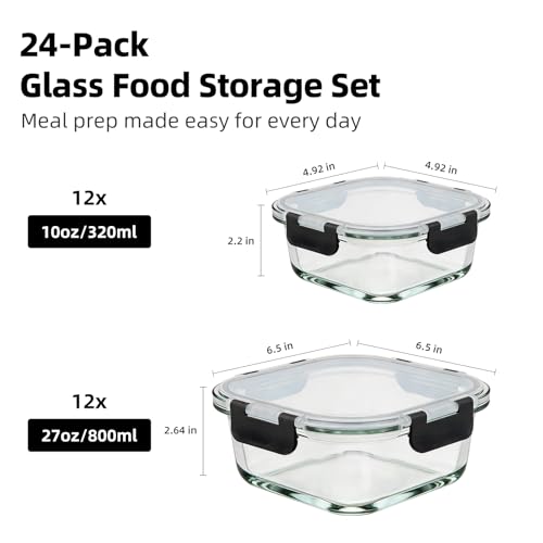 Image of Konokyo Square Glass Food Storage Containers with Lids, 24 Pack Airtight Leakproof Meal Prep Containers, BPA-Free, Microwave Oven Freezer & Dishwasher Safe, Assorted Sizes