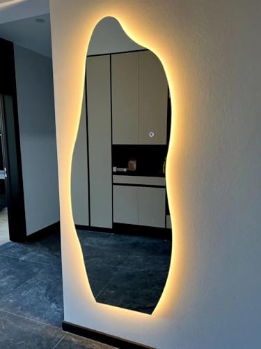 Image of LED Full Length Wall Mirror 48x18 Inch Irregular Shape Touch Sensor Light Dressing Mirror for Bedroom Living Room Vanity Decorative Modern Mirror with LED Light | 3 Color Lighting Modes
