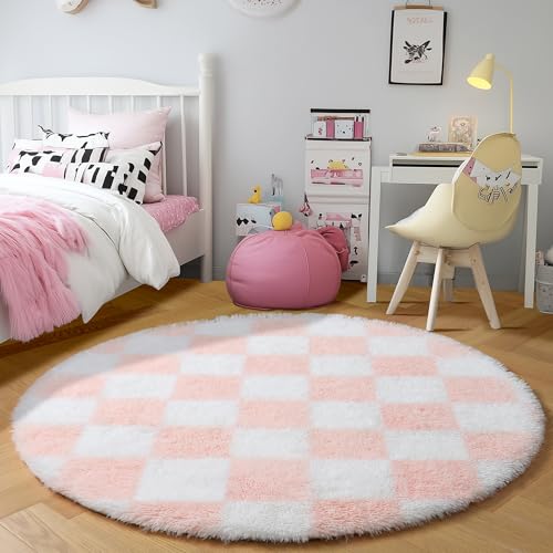 Image of KICMOR Pink Round Rug 4ft for Girls Bedroom, Fluffy Soft Circle Area Rug Cute Small Living Room Carpet, Indoor Fuzzy Shag Shaggy Checkered Circular Rugs for Kids Room Nursery Home Decor Aesthetic