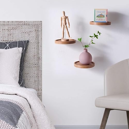 Image of UHUD CRAFTS Decorative Set of 3 Small Round Wooden Wall Shelves - Space-Saving Solid Wood Floating Shelves | Wooden Wall Mounted Plant Shelves for Home Decor