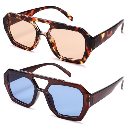 Hycredi Retro Aviator Sunglasses for Women Men, Trendy Hexagonal Thick Frame Shades Square Double Bridge Sun Glasses