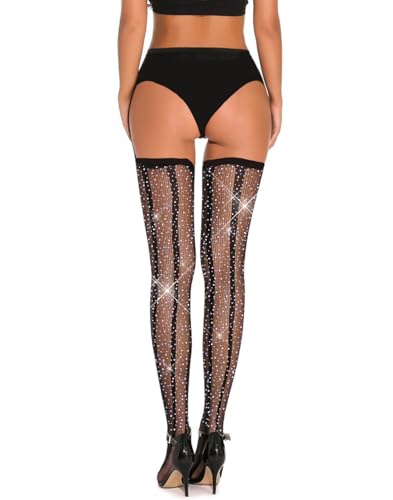 FANCAME Womens Sparkle Thigh High Stockings Patterned Floral Black Stockings Rhinestone Stay Ups Socks Tights3
