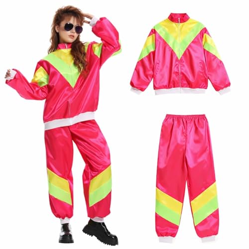 Disfraz retro de los años 80 y 90 con botón de baño, mono de chándal, para hombre y mujer, para carnaval y carnaval, chándal (rosa, L/XL)