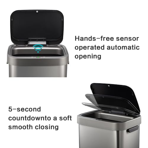 Image of 13 Gallon Trash Can, Touchless Stainless Steel Kitchen (Titanium) | Automatic Motion Sensor Lid | 50L Fits 13 Gal Tall Kitchen Bags | Anti-Fingerprint Brushed Finish | For Home Office