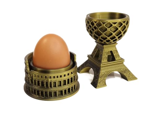 Colosseum & Eiffel Tower Egg Cup Holder – Novelty Rome & Paris Souvenir Egg Stand for Soft & Hard Boiled Eggs, Breakfast Table Decor, Adult Kitchen Gift 2in1 (Colosseum Gold Eiffel Gold)