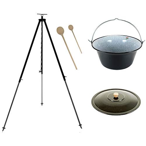 Grillplanet® Set 15 L Gulaschkessel mit Dreibein schwarz 1,80 m und Deckel (15 Liter original ungarischer Gulaschtopf Feuertopf Kesselgulasch Topf Feuerkessel Kochkessel Glühweinkessel Suppentopf Kessel)