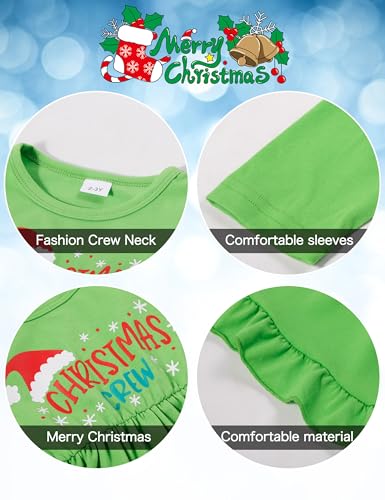 Image of Toddler Girl Christmas Outfit 2t-3t Girls Christmas Outfits Christmas Crew Green Ruffle Long Sleeve Top Christmas Pattern Bell Pants 2pcs Sets
