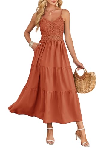 Dokuritu Women's Beach Crochet Lace Maxi Dress Solid Color Summer Vacation Spaghetti Strap Long Dress 2024 (Brickred, Small)